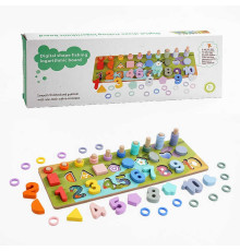 Логічна дерев’яна дошка C 65765 (36) кілочки з кільцями, сортер, цифри, геометричні фігури, в коробці