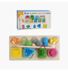 Логічна дерев’яна дошка C 68834 (80) 2 в 1, магнітна риболовля, сортування фігурок, ігрова платформа, рибки, вудка, геометричні фігури, в коробці