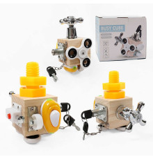 Бізіборд дерев’яний C 64876 (60) куб, 7 міні-ігор, вмикач, замок, кран, спінер, колесо, в коробці