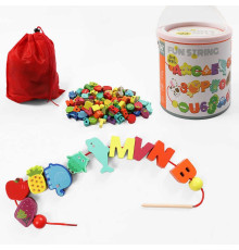 Шнурівка дерев'яна С 74443 (18) 10 шнурків з дерев’яним краєм, абетка, тварини, транспорт, у відрі