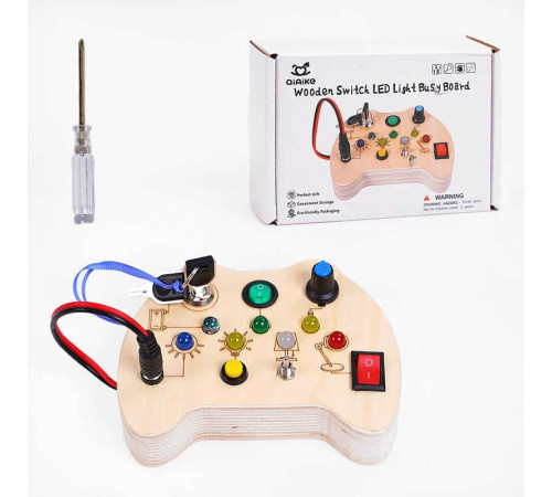 Бізіборд дерев'яний C 64864 (54) підсвічування, 7 перемикачів, викрутка, на батарейках, в коробці