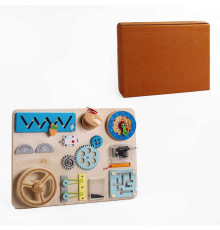 Бізіборд дерев'яний C 61700 (8) 11 ігор, кермо, пальчиковий лабіринт, годинник, магнітний олівець, музична скринька, в коробці