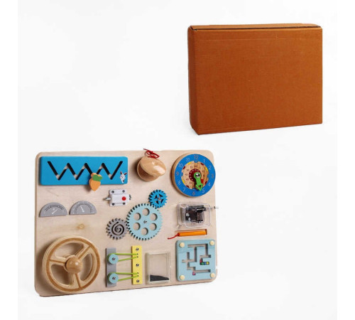 Бізіборд дерев'яний C 61700 (8) 11 ігор, кермо, пальчиковий лабіринт, годинник, магнітний олівець, музична скринька, в коробці