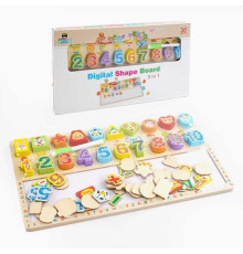 Логічна дерев’яна дошка C 65772 (32) 3в1, сортер, "пиши-стирай", цифри, тваринки, олівець, розв'язання прикладів, у коробці