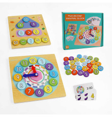 Годинник дерев'яний C 65689 (60) двосторонні кружечки з числами, 10 двосторонніх карток із годинниками, цифрами та овочами-фруктами, в коробці