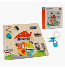 Бізіборд дерев'яний C 66128 (40) коліщатко, годинник, пальчиковий лабіринт, замочки, ключі, в коробці