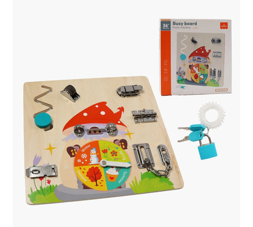 Бізіборд дерев'яний C 66128 (40) коліщатко, годинник, пальчиковий лабіринт, замочки, ключі, в коробці