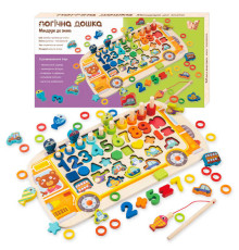 Логічна дерев’яна дошка 38512 (22) "WToys", "Автобус", сортер, магнітна риболовля, цифри, арифметичні знаки, геометричні фігури, транспорт, кілочки, кільця, в коробці