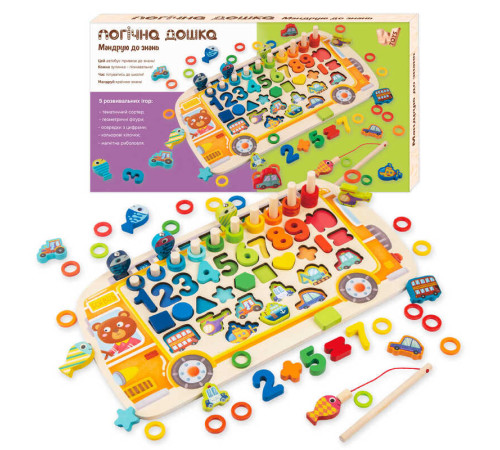 Логічна дерев’яна дошка 38512 (22) "WToys", "Автобус", сортер, магнітна риболовля, цифри, арифметичні знаки, геометричні фігури, транспорт, кілочки, кільця, в коробці – в наличии! Купите сейчас у KAZKOVA