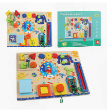 Бізіборд дерев'яний C 71020 (15) шестерні, геометричний сортер, спіннер, застібки, годинник, в коробці