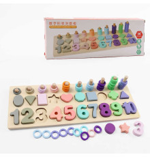 Логічна дерев’яна дошка С 74617 (36) сортер, дерев'яні кілочки, кольорові кільця, цифри, фігури, в коробці