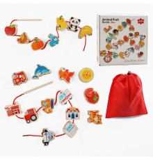 Шнурівка дерев'яна С 74473 (40) 4 шнурівки, фігурки, англійська абетка, цифри, мішечок, в коробці