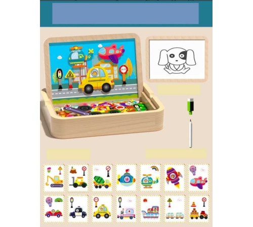 Дерев’яна магнітна дошка C 75302 (32) “Транспорт”, магнітні елементи, маркер пиши-витирай, в коробці