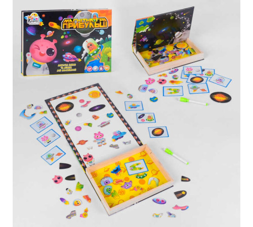 гр Дерев'яна магнітна дошка "Космічні прибульці" 18094 (12) "4FUN Game Club Wood", 68 елементів, пазли, маркер, українською мовою, в коробці