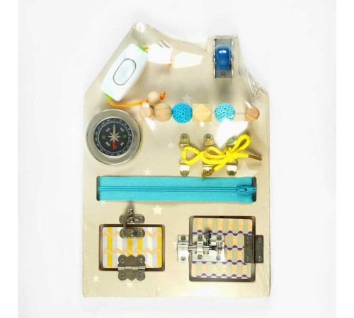 Бізіборд дерев'яний C 64871 (22) компас, шнурівка, змійка, замочки, колесо, перемикач, в коробці