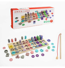 Логічна дерев’яна дошка C 65782 (24) магнітна риболовля, кілочки з кільцями, сортер, цифри, геометричні фігури, в коробці