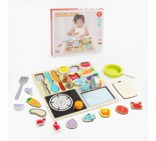 Вкладиші С 65804 (24) “Кухня”, дерев’яні, 22 елементи, набір продуктів, елементи на липучках, безпечний ніж, дошка для нарізання, в коробці