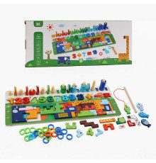 Логічна дерев’яна дошка C 73233 (36) магнітна риболовля, цифри, сортер, пазл, тваринки, кілочки, кольорові кільця, в коробці