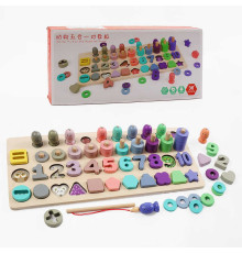 Логічна дерев’яна дошка С 74621 (24) магнітна риболовля, сортер, дерев'яні кілочки, кольорові кільця, цифри, фігури, в коробці