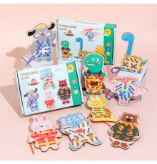 Шнурівка дерев'яна С 74564 (108) 4 дерев'яні тваринки з отворами, середня висота 14 см, кольорові шнурки, в коробці