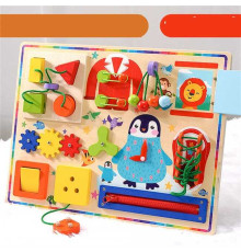 Бізіборд дерев’яний С 74529 (15) шестерні, геометричний сортер, спіннер, застібки, годинник, в коробці