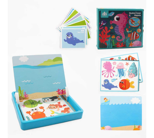 Дерев'яна магнітна дошка С 74452 (28) “Морські жителі”, маркер, картки, магніт, назви англійською мовою, в коробці