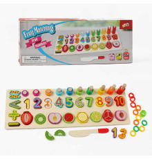 Логічна дерев’яна дошка C 74209 (40) дерев’яна, геометричний сортер, цифри, фігурки на магнітах, іграшковий ніж, в коробці