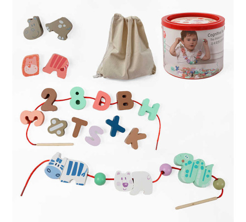Дерев’яна шнурівка C 74422 (24) тварини, букви англійського алфавіту, цифри й арифмет. знаки, намистини, шнурки з дерев’яним краєм, мішечок, у відрі