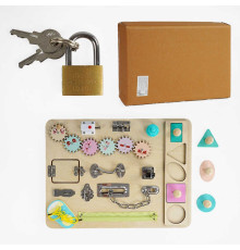 Бізіборд дерев'яний C 64872 (8) гачок, шнурки, блискавка, замочки, рухомі шестерні, геометричний сортер, у коробці