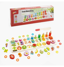 Логічна дерев’яна дошка C 65785 (40) половинчаті фрукти, кілочки з кільцями, сортер, цифри, знаки додавання-віднімання, дорівнює, в коробці