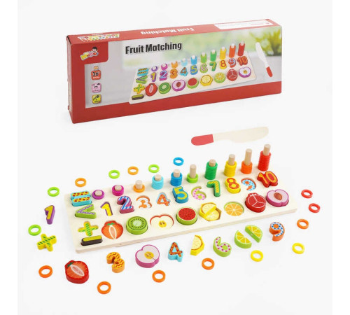 Логічна дерев’яна дошка C 65785 (40) половинчаті фрукти, кілочки з кільцями, сортер, цифри, знаки додавання-віднімання, дорівнює, в коробці – в наличии! Купите сейчас у KAZKOVA