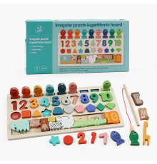 Логічна дерев’яна дошка C 73280 (60) магнітна риболовля, назви англійською мовою, цифри, геометричні фігури, сортер, мішечок, тваринки, пазл, в коробці