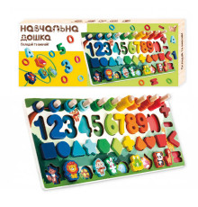 Логічна дерев’яна дошка 61981 (16) "WToys", гра-шнурівка, цифри та фігури, сортер, кілочки, в коробці