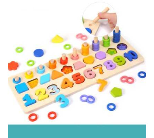 Логічна дерев’яна дошка С 74624 (36) сортер, дерев'яні кілочки, кольорові кільця, цифри, фігури, в коробці – в наличии! Купите сейчас у KAZKOVA