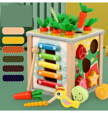 Куб логічний C 74168 (18) дерев'яний, 6 в 1, ксилофон, годинник, магнітна гра, морквини, пальчикові ігри, шестерні, сортер, у коробці