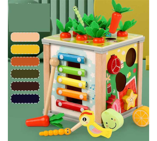 Куб логічний C 74168 (18) дерев'яний, 6 в 1, ксилофон, годинник, магнітна гра, морквини, пальчикові ігри, шестерні, сортер, у коробці – в наличии! Купите сейчас у KAZKOVA