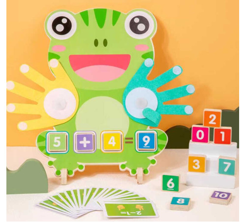 Математична дошка C 75291 (36) "Жабка", двосторонні кубики з цифрами, двосторонні картки із прикладами, долоні з липучками, в коробці