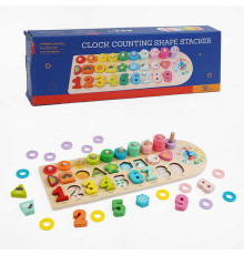 Логічна дерев’яна дошка C 65800 (24) сортер, цифри англійською, годинник з рухливою стрілкою, кілочки з кільцями, явища природи, в коробці