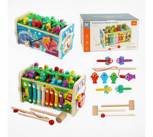 Ігровий центр C 68266 (24) дерев’яний, стукалка, магнітна риболовля, ксилофон, гра “Грядка”, рухомі шестерні, циферблат, пальчиковий лабіринт, в коробці