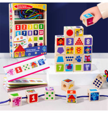 Шнурівка дерев'яна C 74296 (40) 25 дерев’яних кубиків, шнурочки, цифри, геометричні фігури, тварини, картки з комбінаціями, у плівці