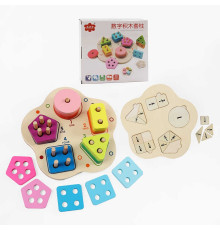 Дерев'яний геометричний сортер C 74024 (48) 21.5х21.5х1.5 см, цифри англійською, геометричні фігури, форми з цифровими позначками, в коробці