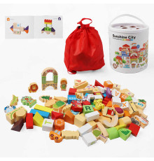 Конструктор дерев’яний C 74149 (12) фігурки людей, тваринок, транспорту, літери англійського алфавіту, назви установ англійською, мішечок, у відрі