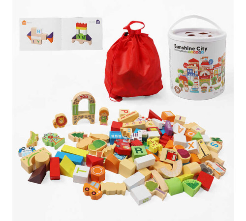 Конструктор дерев’яний C 74149 (12) фігурки людей, тваринок, транспорту, літери англійського алфавіту, назви установ англійською, мішечок, у відрі