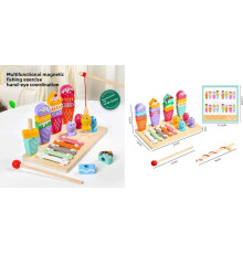 Логічна дерев’яна дошка C 75286 (48) 21х12 см, 3 гри: магнітна риболовля, гра з кілочками та ксилофон, дерев’яна вудочка, молоточок, в коробці