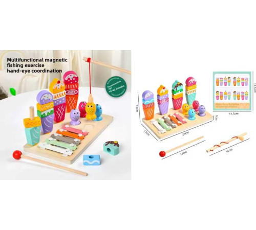 Логічна дерев’яна дошка C 75286 (48) 21х12 см, 3 гри: магнітна риболовля, гра з кілочками та ксилофон, дерев’яна вудочка, молоточок, в коробці