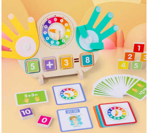 Математична дошка C 75292 (40) двосторонні кубики з цифрами, годинник із рухомими стрілками, картки із прикладами та розпорядком дня англійською, долоні з липучками, в коробці