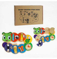 Бізіборд дерев'яний C 64007 (20) “Гусінь”, ключі, застібки, змійка, шестерні, годинник, шнурівка, в коробці