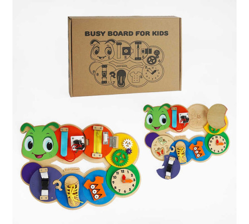 Бізіборд дерев'яний C 64007 (20) “Гусінь”, ключі, застібки, змійка, шестерні, годинник, шнурівка, в коробці