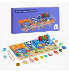Логічна дерев’яна дошка 63983 / MBS 2304 / 6610-А1 (20) цифри, фігури, написи рос. мовою, пальчикові ігри, риболовля, динозаври, в коробці