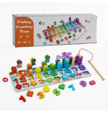 Логічна дерев’яна дошка C 67014 (56) магнітна риболовля, кілочки з кільцями, сортер, цифри англійською, фігури, в коробці
